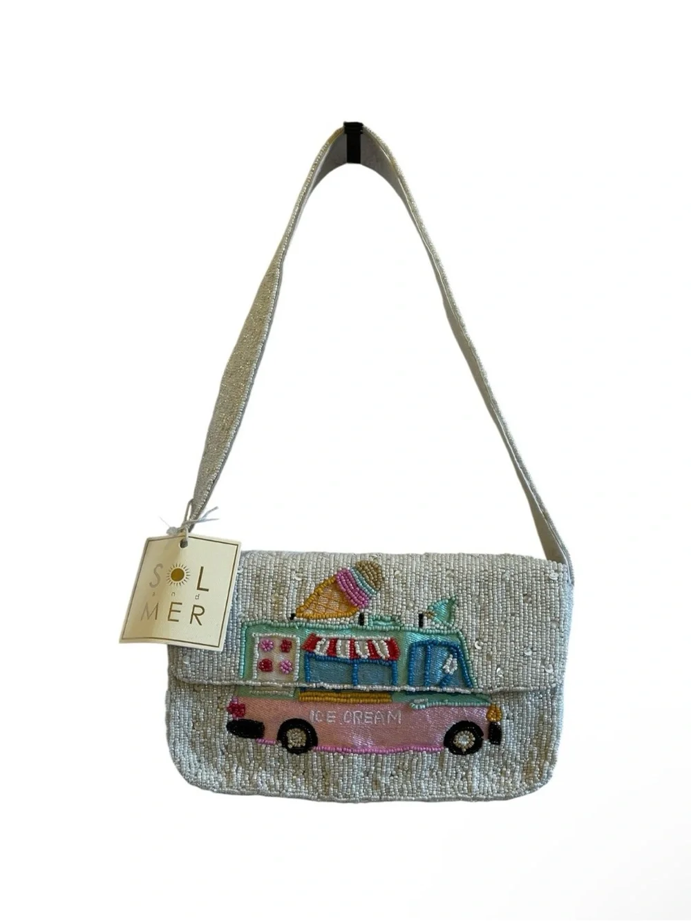 Sol & Mer White Beaded Ice Cream Truck Shoulder Bag - NWT **